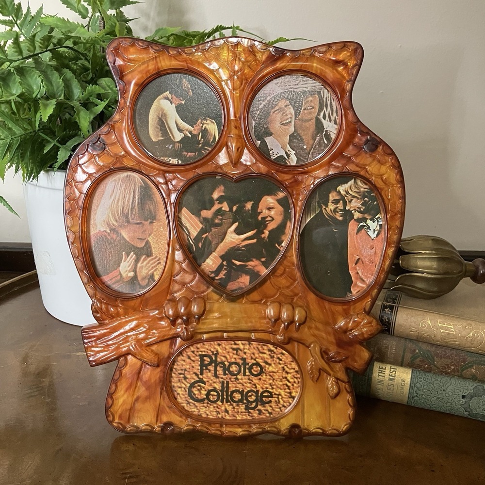 Vintage Owl Shaped Amber Lucite Photo Collage Frame 6 Multi Size Photos